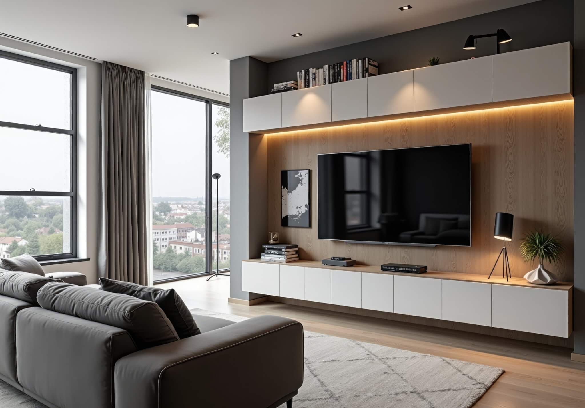 Gray sofa and tv unit in loft interior design of modern living room
