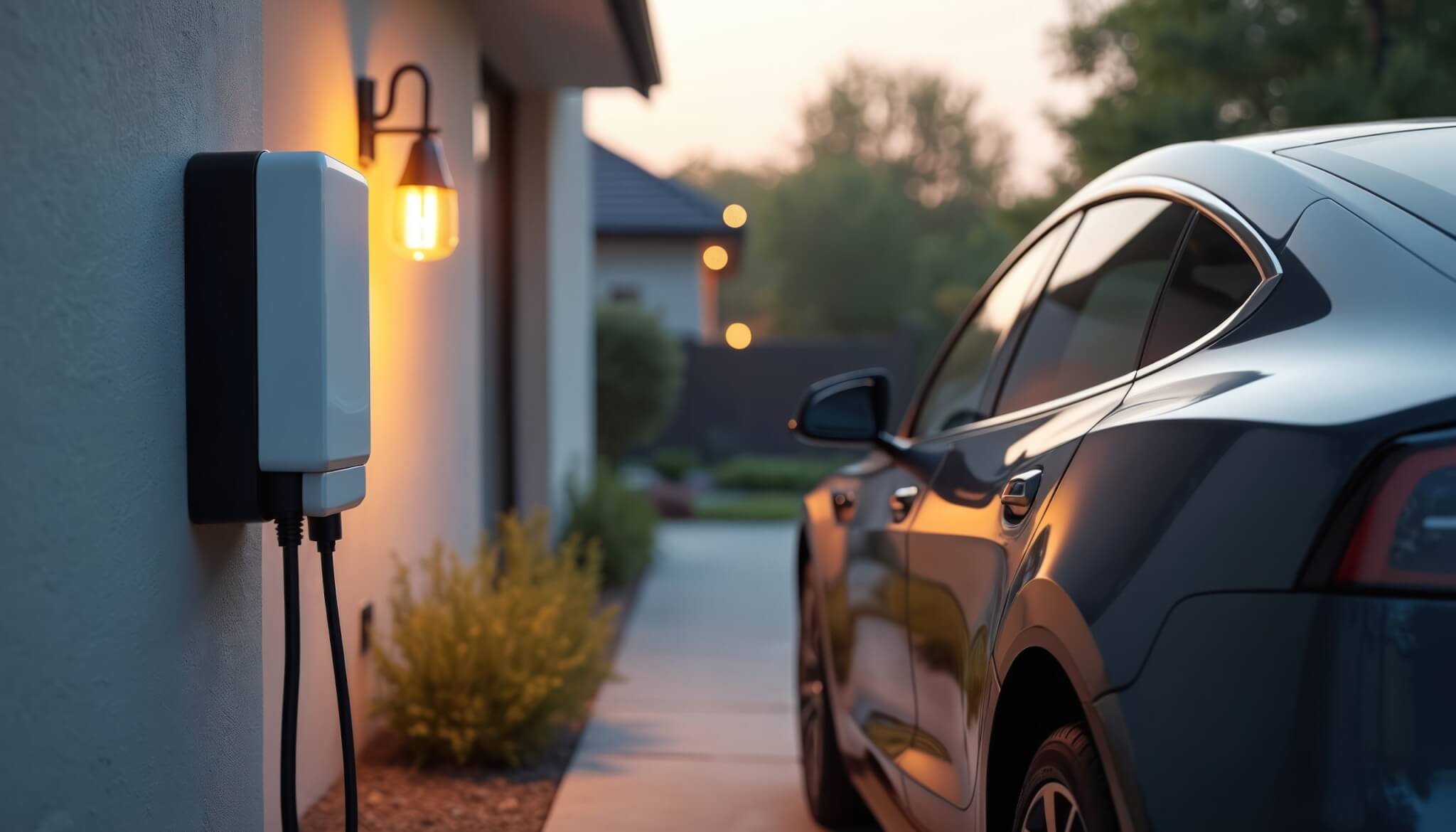 Wall mounted electric home charger, wallbox EV charging station with cable connected to black car. Eco alternative energy charging for modern electric vehicles at house, evening.